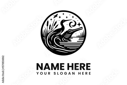 Black and white graphic logo of a bird and crocodile at night, stylized illustration.