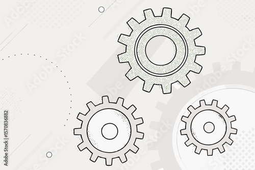 Description: Three interlocking gears, with one larger gear and two smaller ones. The gears are in shades of green and gray, set against a background with abstract geometric shapes and lines.
Symbolis