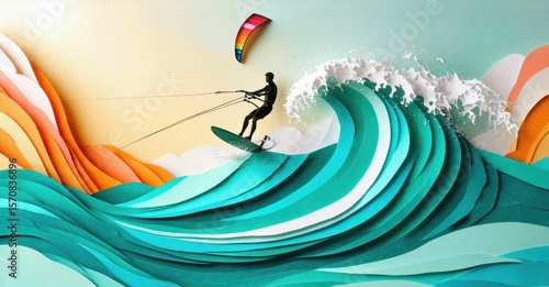 Kitesurfer rides wave. Papercraft style illustration depicts ocean, sky, vibrant colors, dynamic action. Beautiful, artistic scene.