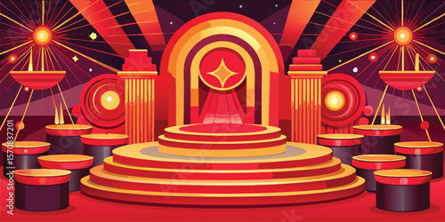 Vibrant red and gold stage with starbursts performance