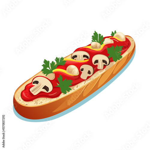 Bruschetta with Mushrooms, Parsley and Tomato Sauce Illustration
