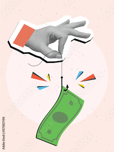 Hand holding fishing line with green dollar banknote on fishing hook - concept of fraud. Modern photo collage style. Vector illustration