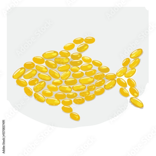 Fish oil capsules arranged in the shape of a fish illustration
