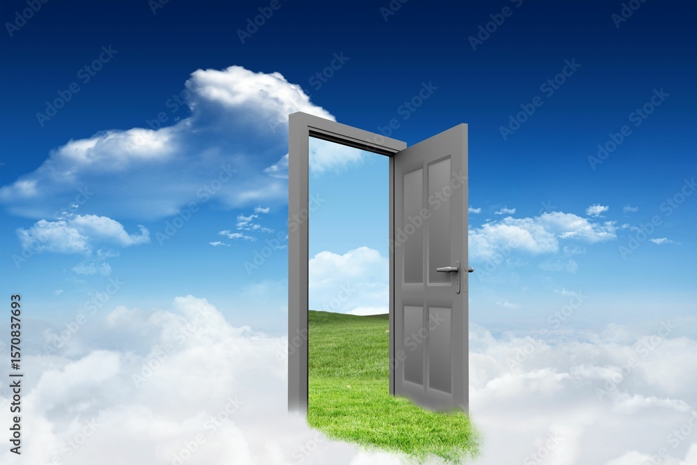 Obraz premium Open door with grassy landscape against sky