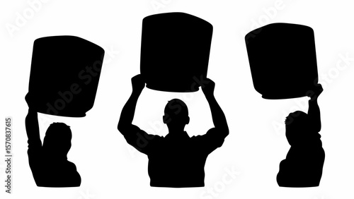 Three silhouetted figures holding up rectangular objects against a white background scene view