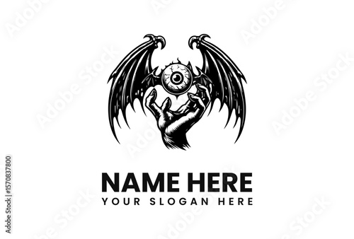 A demonic hand cradles an eye with wings, a logo design.