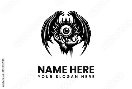 A stylized graphic of a hand holding an eye with wings, presented in black and white.
