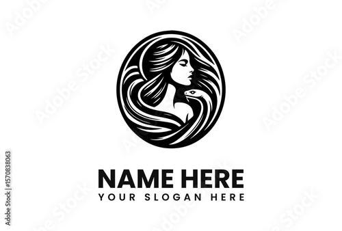 Elegant depiction of a woman with flowing hair and a snake, enclosed in a circle.
