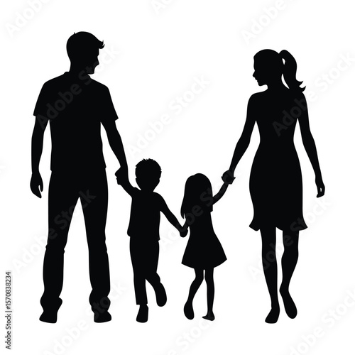 Silhouette of a family walking together, symbolizing love, unity, and companionship in a minimalist black-and-white design