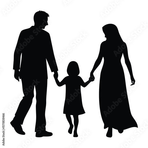 Silhouette of a family—mother, father, and daughter—walking hand in hand, symbolizing love and unity in a minimalist black-and-white design