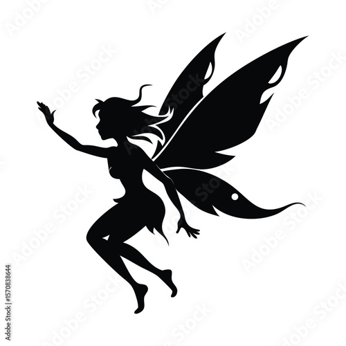 Silhouette of a magical fairy with delicate wings flying in an enchanted forest, symbolizing fantasy and nature in a whimsical design