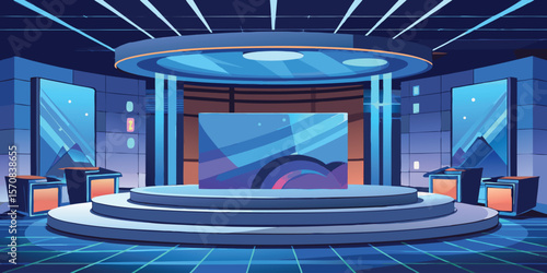 Futuristic broadcast studio with blue and orange accents