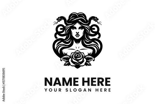 A detailed black and white illustration of Medusa with snakes and a rose.