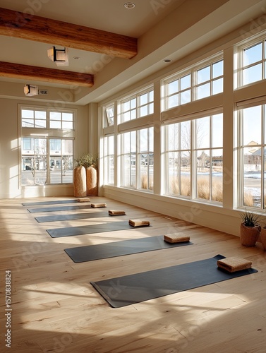Serene yoga studio in a holistic wellness center with natural light, minimalist design, calm atmosphere, spacious floor, and peaceful environment for meditation, stretching, and mindful exercise

