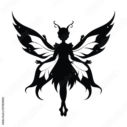 Silhouette of a magical fairy with delicate wings, embodying fantasy and enchantment in a minimalist black-and-white design