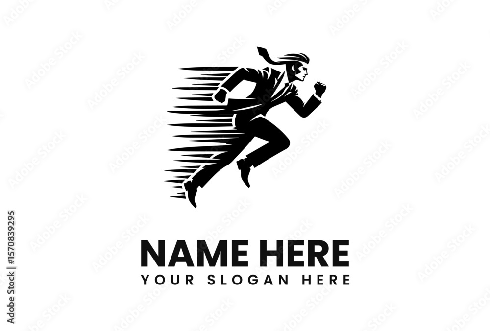 Fototapeta premium A businessman in a suit runs fast, depicted in black and white with motion lines.