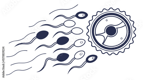 Conceptual illustration of sperm cells racing to fertilize a mechanical gear ovum, symbolizing reproductive technology