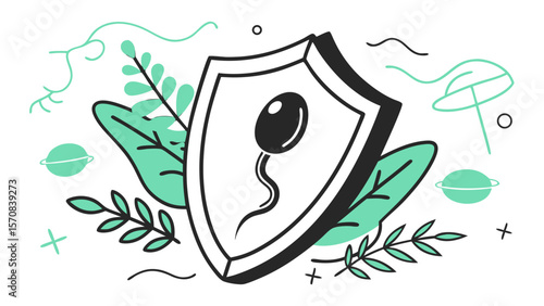 Conceptual illustration of a shield protecting a sperm cell, symbolizing male fertility, reproductive health, and andrology