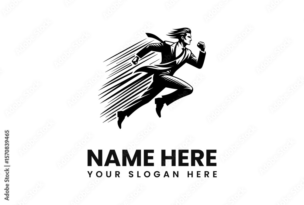 Fototapeta premium Dynamic businessman in suit sprinting forward, motion lines emphasizing speed and ambition.