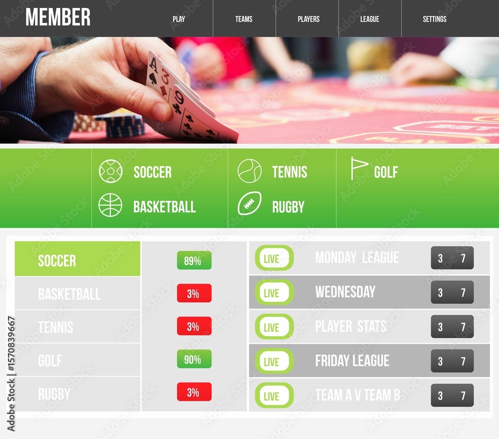 Fototapeta premium Flat illustration is showing hand holding two cards over red felt, poker chips, sports interface