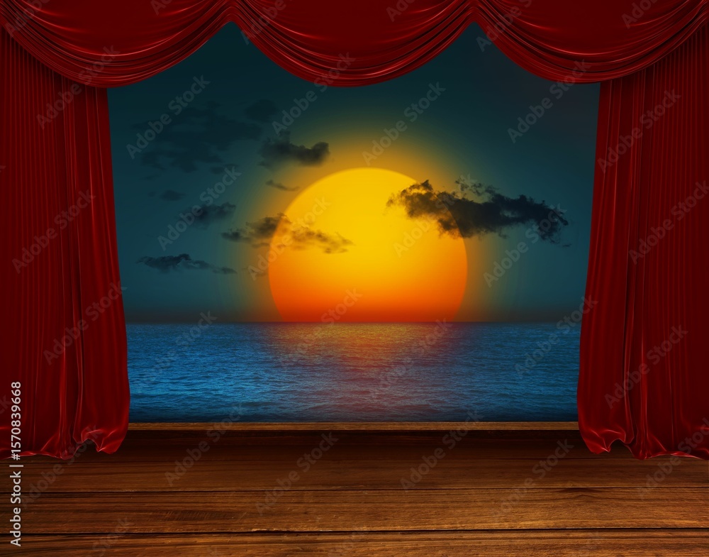 Obraz premium Flat design ocean sunset is unfolding on theater stage, with red velvet curtains and wooden floor