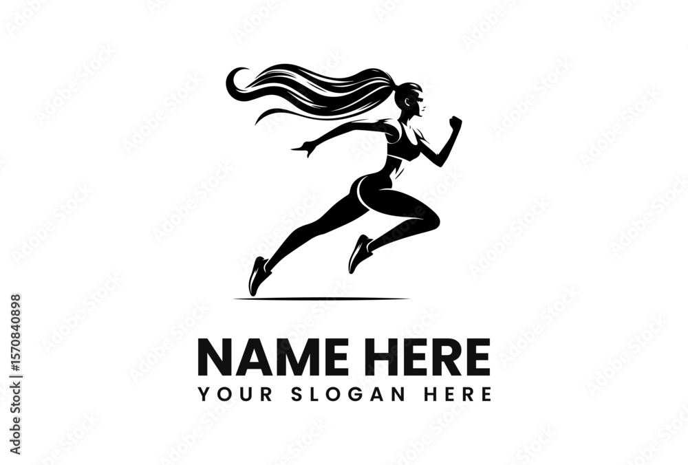 Silhouette of a woman running with flowing hair, depicted in black and white. Silhouette of a woman running with flowing hair, depicted in black and white.
