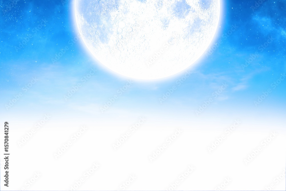 Fototapeta premium Giant full moon is glowing in flat design night sky with scattered stars and glowing horizon