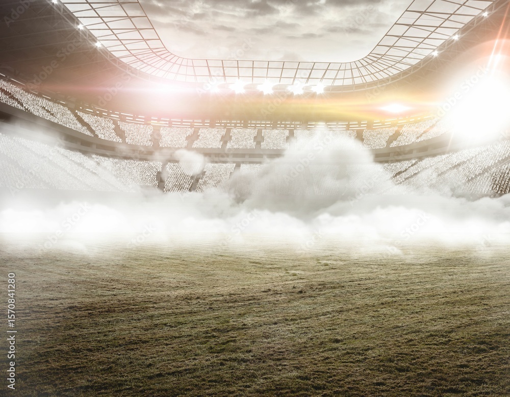 Fototapeta premium Flat design illustration is showing misty grass pitch under seating tiers and bright floodlights