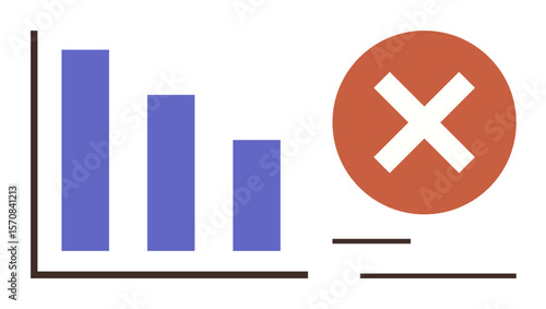 Blue bar graph decreasing left to right with large red cross overlay. Ideal for analytics failure, error, loss, rejection, mistakes, mismanagement, data issues. Simple flat metaphor
