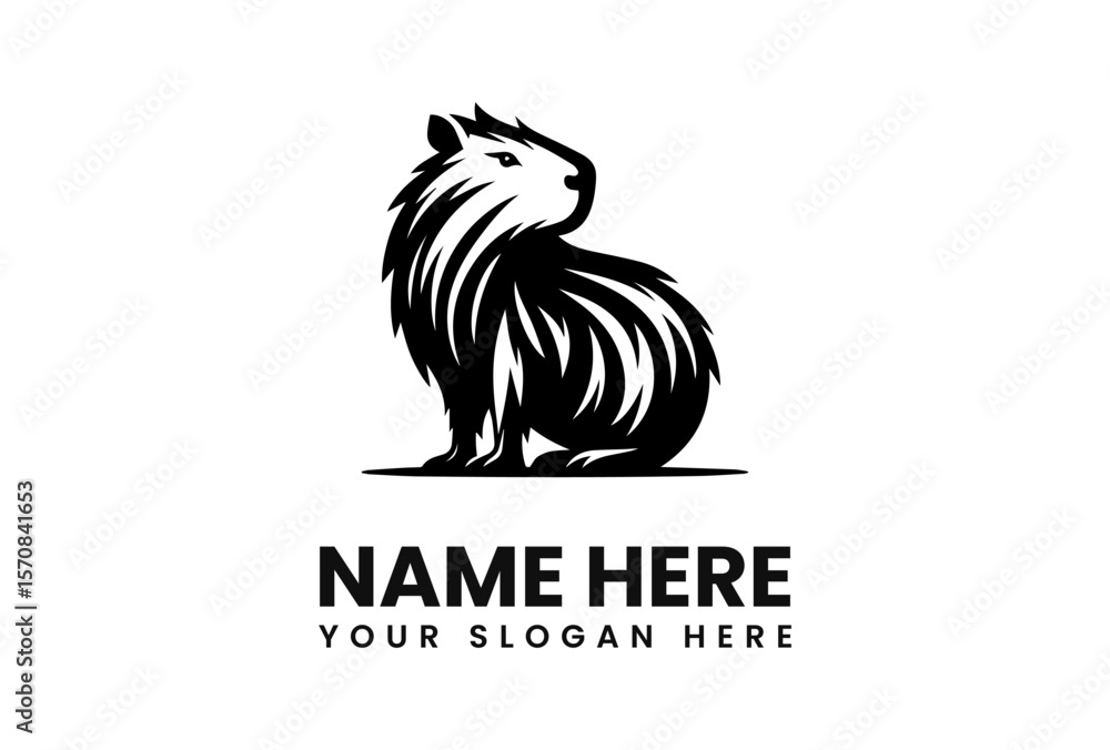 A stylized black and white illustration of a seated capybara. A stylized black and white illustration of a seated capybara.