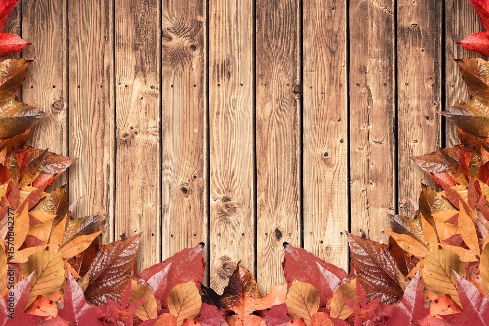 Naklejka premium Displaying flat design wood plank surface bordered by colorful autumn leaves framing edges
