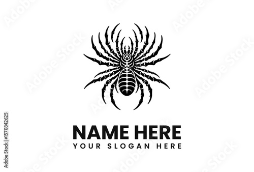 A stylized black and white spider emblem with text below, on white background.