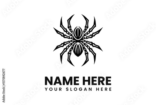 Stylized black spider graphic with eight legs and striped body, text below.