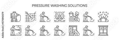 Cleaning with Pressure Wash Outline Icons Representing a Man Cleaning Walls and Windows