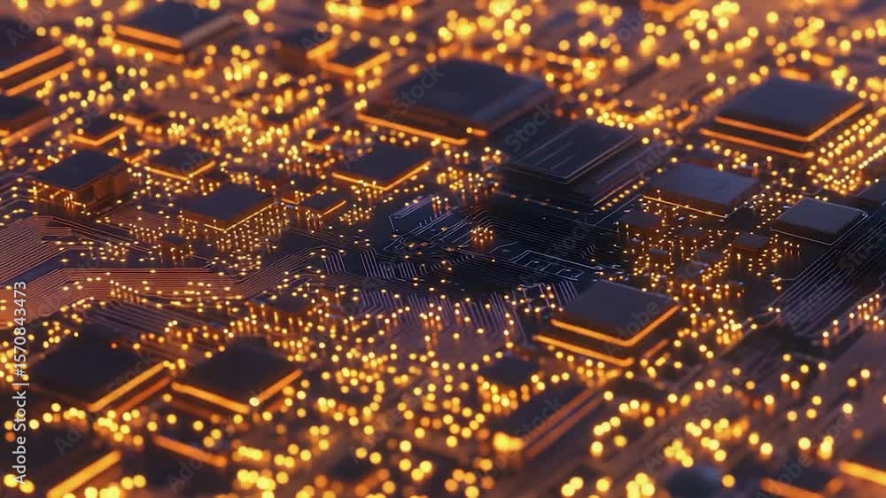 Detailed circuit board with glowing components Detailed circuit board with glowing components