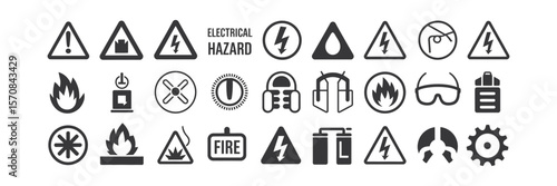Collection of Black Warning Signs for Hazards on a Transparent Background