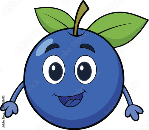 Cute cartoon blueberry character with a happy expression and outstretched arms isolated on a white background