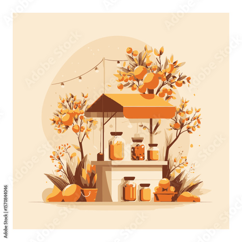 Vibrant Cartoon Market Stall with Jars of Jam and Fruit in Autumn Colors