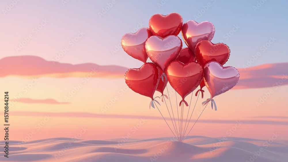 Fototapeta premium Heart-Shaped Balloons at Sunset in a Sandy Landscape