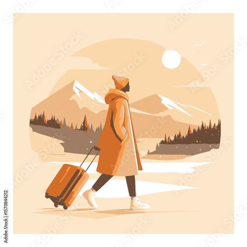 Stylish Illustration of a Person Walking with Luggage in Winter Landscape