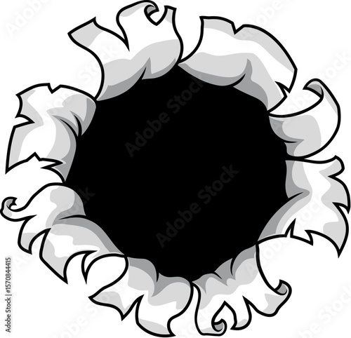 A bullet hole metal paper rip gun shot through wall