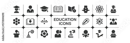 Education Icons Set, Books, Graduates, Science Objects on Transparent Background