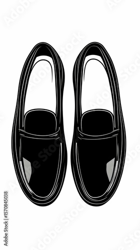 Pair of black slip-on shoes, top view, fashion illustration