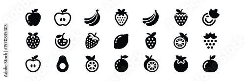 Fruits Icon Set, Outline Apple, Banana, Strawberry, Lemon Isolated on White
