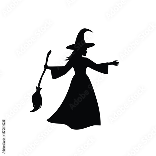 Silhouette of a witch with a broom and pointed hat magic