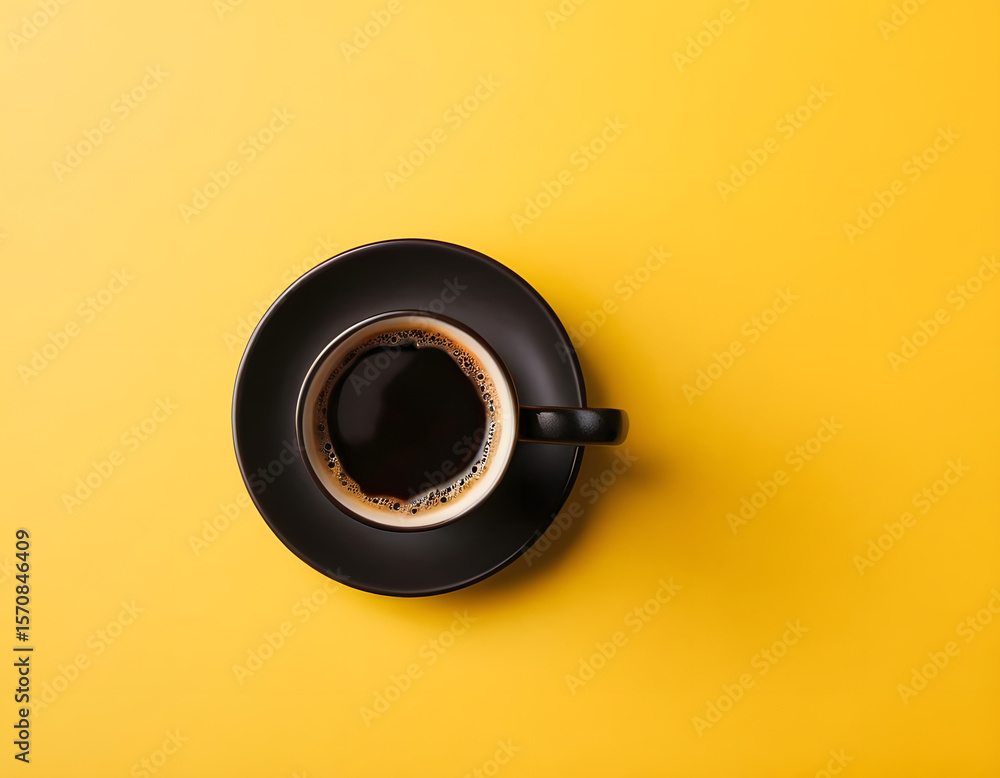 A cup of coffee on a yellow background, a cup of delicious black coffee on a bright yellow background. Minimal trendy concept. Flat lay, top view with copy space A cup of coffee on a yellow background, a cup of delicious black coffee on a bright yellow background. Minimal trendy concept. Flat lay, top view with copy space