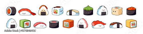 Set of kawaii sushi with faces. Cute characters of Japanese cuisine, food with different emotions. Onigiri, maki, sashimi with happy facial expressions. Flat isolated vector illustrations on white