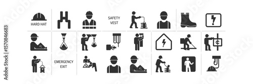 Industrial Construction Safety Signage Icons Set on Transparent Background