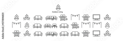 Isolated outline design featuring sofa, barbeque grill, fire pit, TV on white
