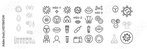 Line Art Herpes Simplex Virus HSV1 and HSV2 with Body Icons on Transparent Background